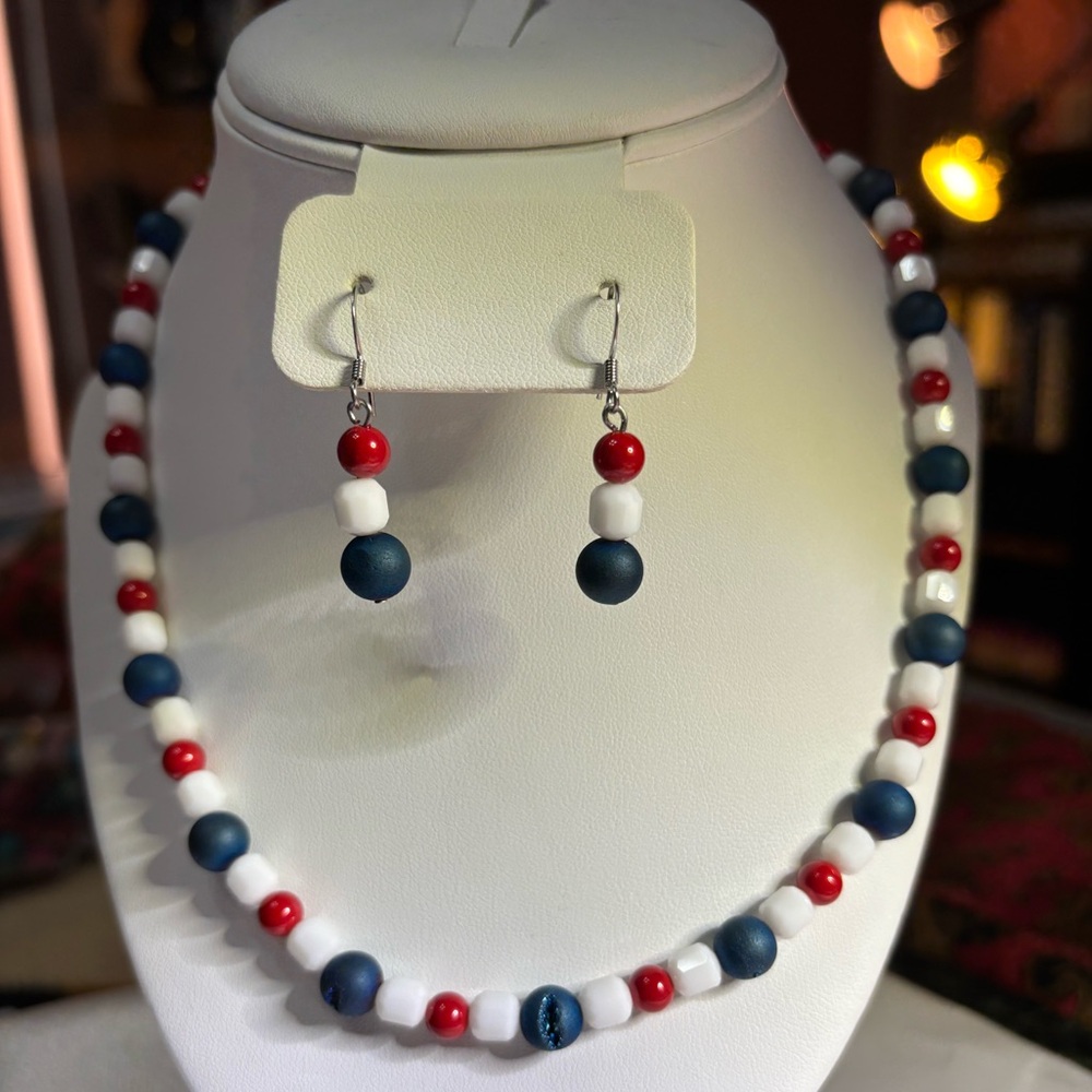Hand Crafted Patriotic Holiday Necklace Earrings Red White and Blue Beads 18.5in